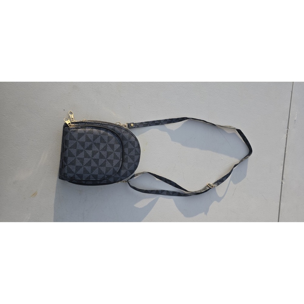 Smqll black-and-grey geometric-patterned multi-compartment crossbody bag